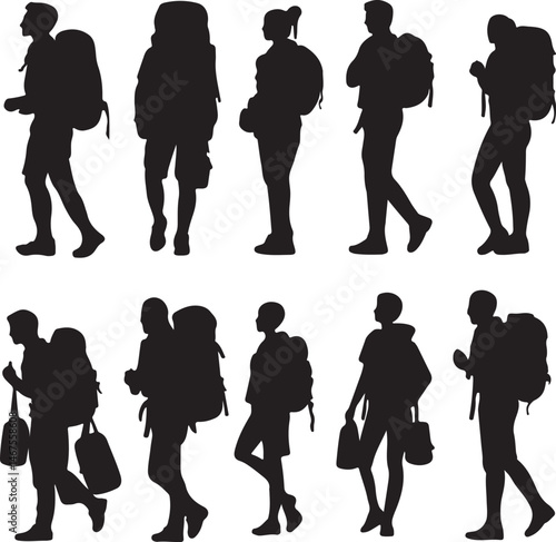 Silhouette Travelers: Backpackers Hiking, Walking, and Standing in Various Poses