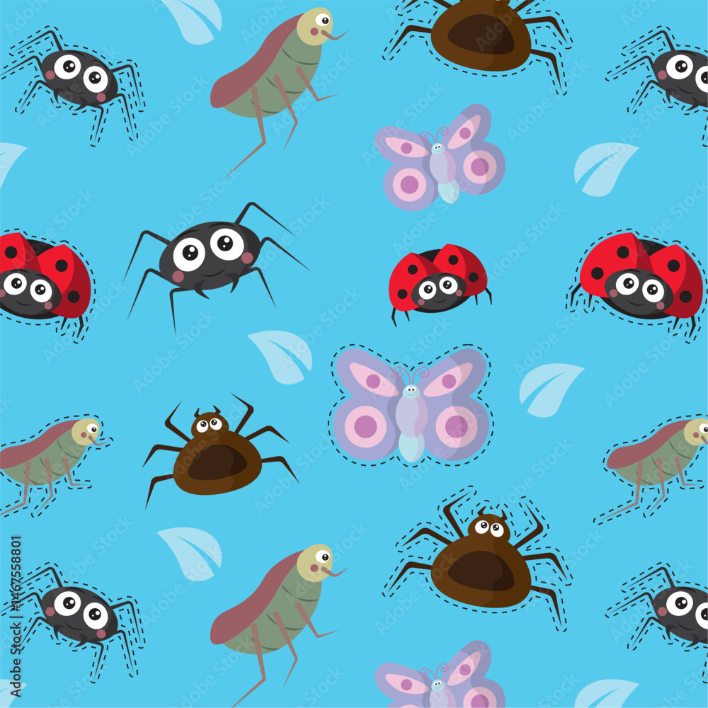 Obraz premium Cute insect cartoon pattern. Vector