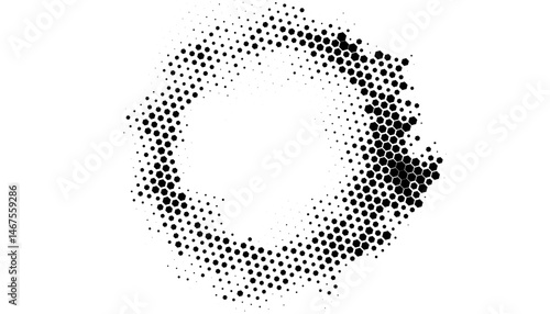 Black and white abstract halftone pattern with hexagon shape transition made circle frame for dramatic background. Vector Format Illustration 