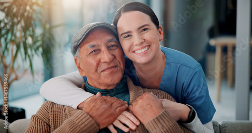 Fotografi Happy people, portrait and nurse with elderly patient or hug for healthcare or assisted living at home