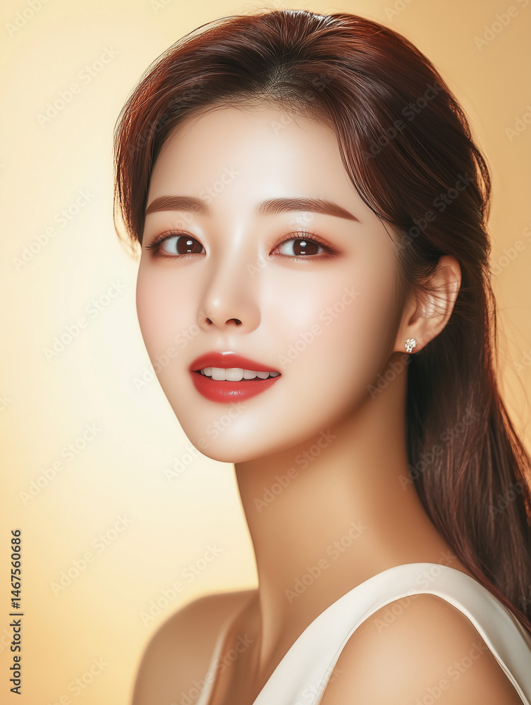 Skincare routine highlights radiant complexion of a young Korean woman in a soft pastel setting Skincare routine highlights radiant complexion of a young Korean woman in a soft pastel setting