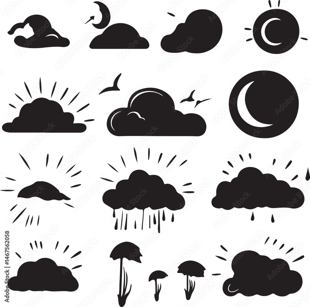 Black and White Weather Icons: Clouds, Sun, Moon, Birds, and Rain Silhouette Set Black and White Weather Icons: Clouds, Sun, Moon, Birds, and Rain Silhouette Set