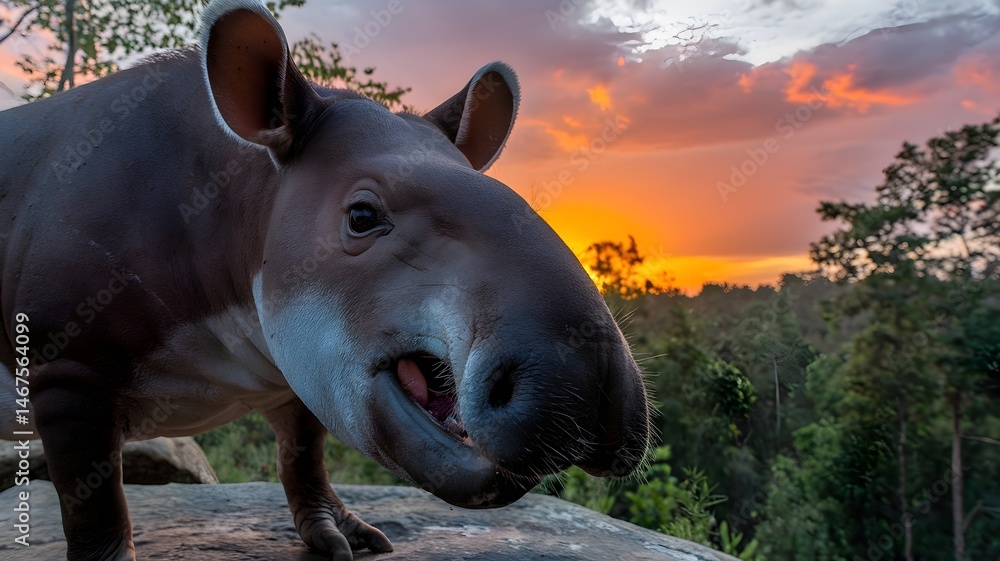 Fototapeta premium A tapir standing in front of a beautiful sunset, with a hint of joy