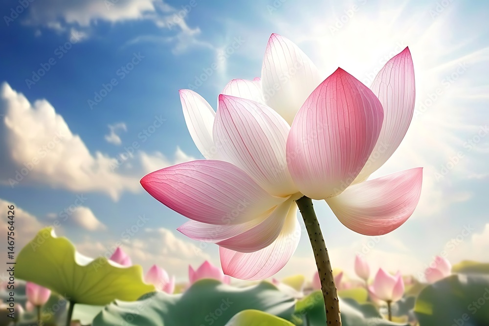 A white and pink lotus rises gracefully from a pond beneath a blue sky A white and pink lotus rises gracefully from a pond beneath a blue sky