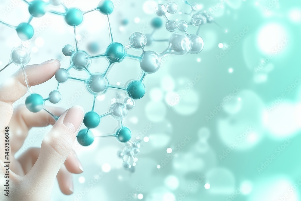 A visually striking abstract background showcasing a 3D molecular structure composed of interconnected spheres and rods, set against a glowing, high-tech backdrop of bokeh lights and floating particle A visually striking abstract background showcasing a 3D molecular structure composed of interconnected spheres and rods, set against a glowing, high-tech backdrop of bokeh lights and floating particle