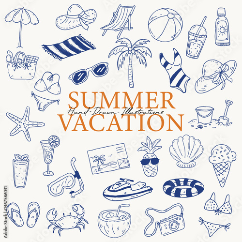 Doodle Beach Vacation Essentials for Summer Holidays with Tropical Items and Fun Activities Like Swimming, Snorkeling, and Ice Cream on a Sunny Seaside Getaway