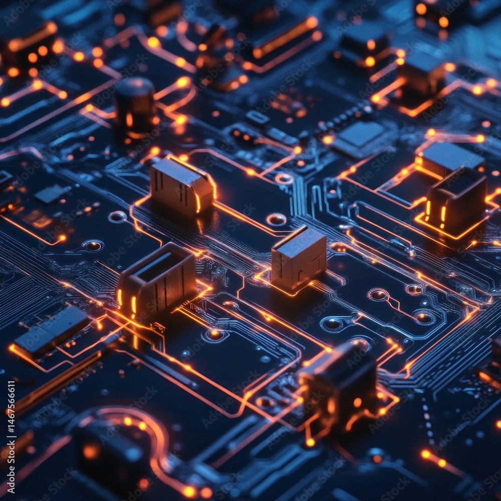 Complex circuit board with glowing connections Complex circuit board with glowing connections