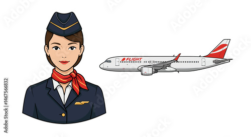 Cartoon flight attendant with red scarf and navy uniform airplane detail