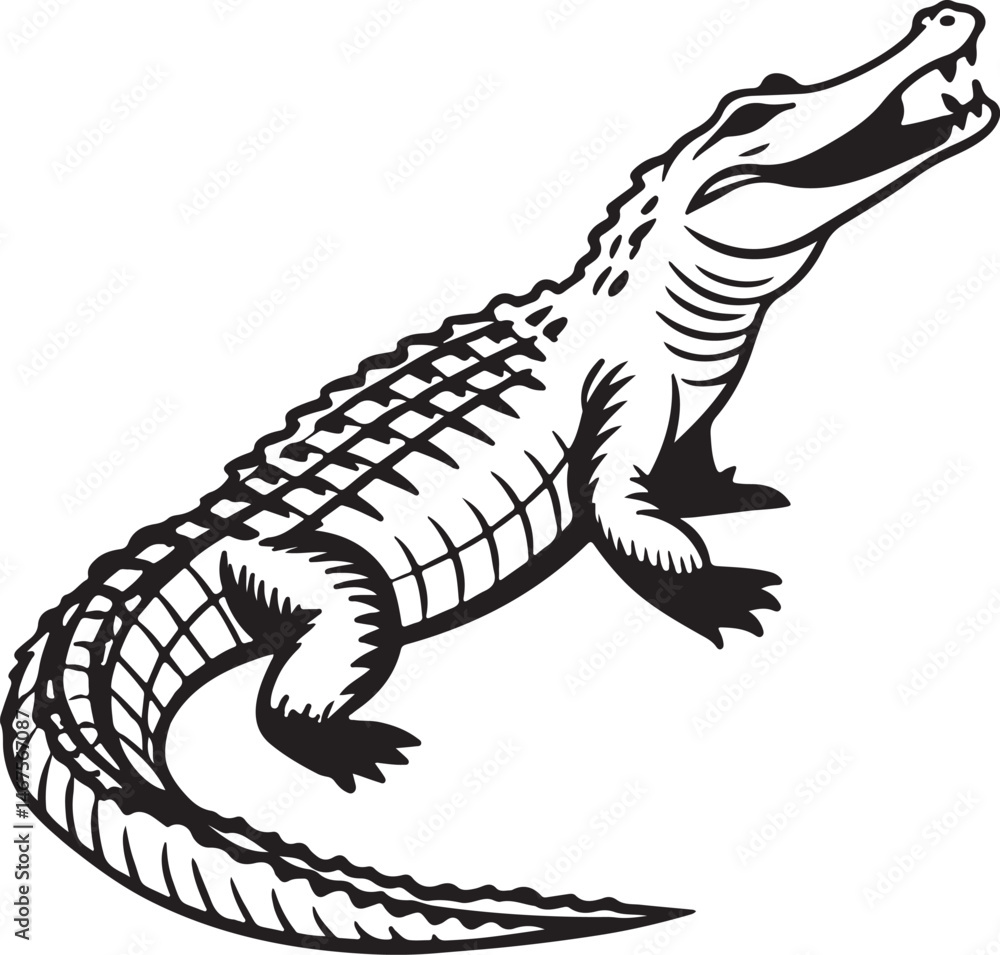 Crocodile silhouette in vector art, perfect for kids' coloring pages, emphasizing fun and creativity in art Crocodile silhouette in vector art, perfect for kids' coloring pages, emphasizing fun and creativity in art