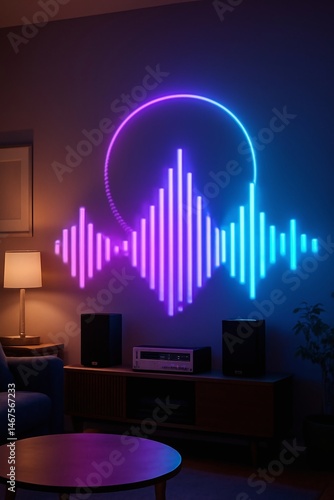 Modern living room features an ar projected music visualizer on the wall at night