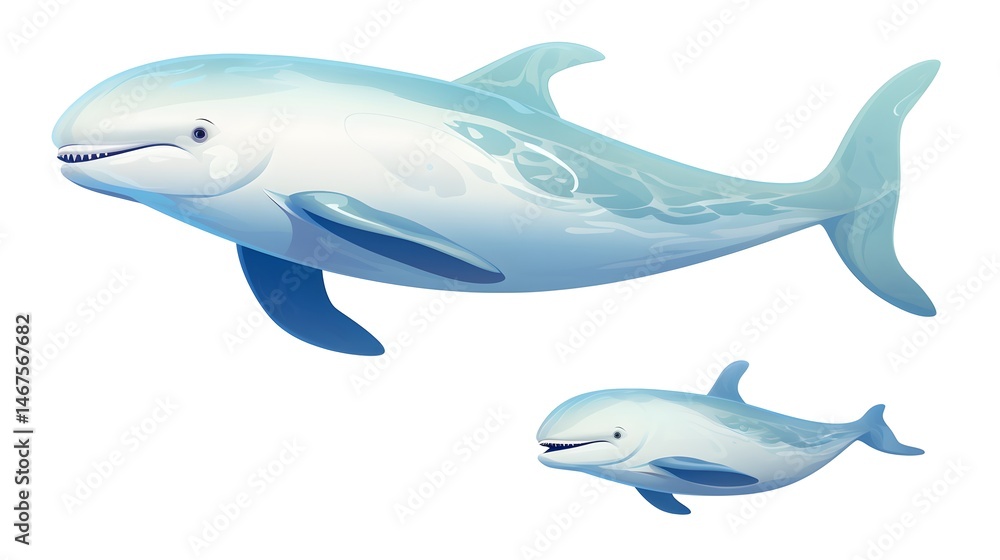 Fototapeta premium Professional image of Beluga whale with cub isolated on white background for marine life concepts