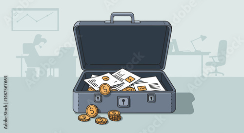 Open briefcase overflowing with golden dollar coins and financial documents