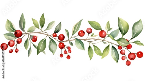 Botanical watercolor painting of green leaves and red berries garland for decoration