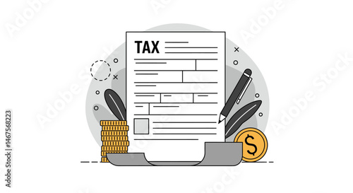 Stacked gold coins tax form and gray leaf illustration for financial concept