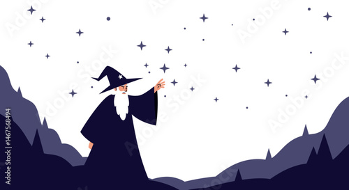 Illustrated wizard with pointed hat long beard and starry night background