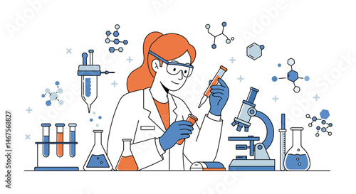 Scientist with lab coat and safety glasses surrounded by lab equipment