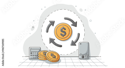 Stylized Calculator with Golden Coins and Circular Arrows Illustration