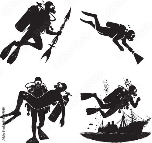 Four black silhouettes of a scuba diver, each in a different pose, on a white background. The first diver is holding a spear gun and swimming forward. The second diver is swimming with their arms outs