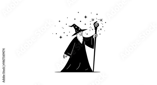 Stylized wizard figure casting a spell with stars and dots