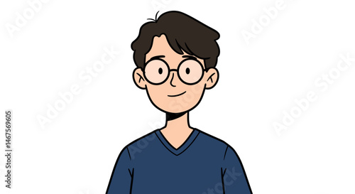 Cartoon man with dark hair and glasses wearing a blue shirt
