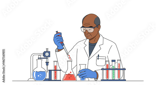 Illustrated laboratory setup with gloved hand using pipette and various beakers