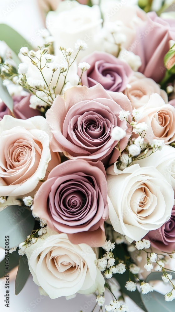 Beautiful bouquet features soft purple and white roses, delicate babys breath, and lush greenery, enhancing the elegant setting. Beautiful bouquet features soft purple and white roses, delicate babys breath, and lush greenery, enhancing the elegant setting.
