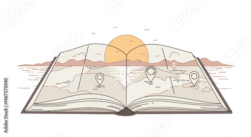 Open book displaying a landscape with a sun sea mountains and location pin