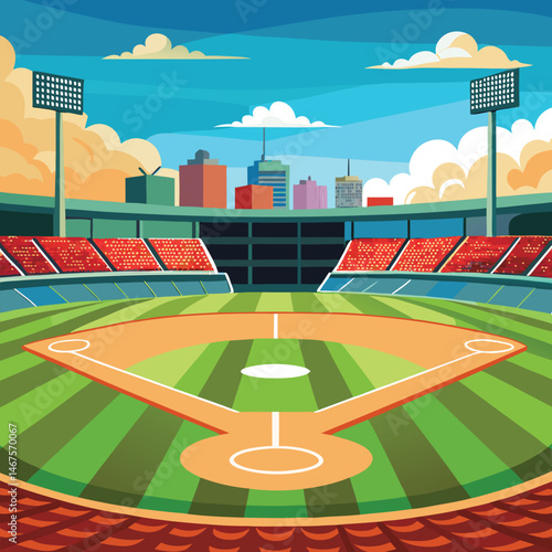 football stadium with blue sky and grass