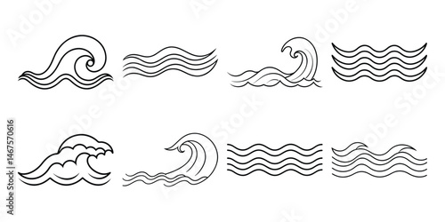 Set of sea wave isolated on white background. Nature ocean graphic symbol vector illustration. Water line waves.