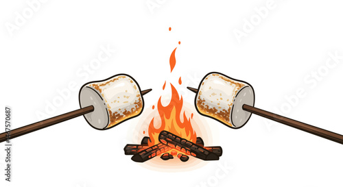 Toasted Marshmallow on a Stick over Campfire with Glowing Embers