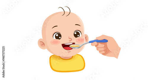 Cartoon Babys Cheerful Face with Yellow Bib and Single Curl