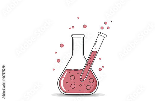Cartoon Erlenmeyer Flask with Pink Liquid and Pipette Science Illustration