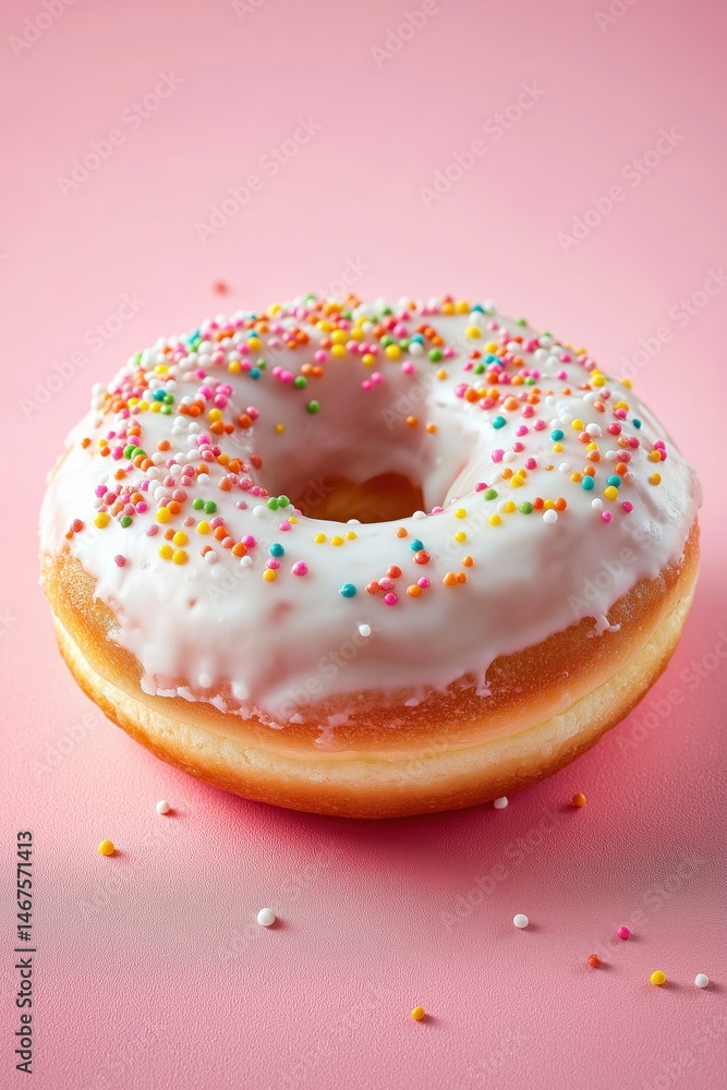 Colorful sprinkle donut resting on a soft pink background, inviting sweetness and delight during a cheerful morning moment Colorful sprinkle donut resting on a soft pink background, inviting sweetness and delight during a cheerful morning moment