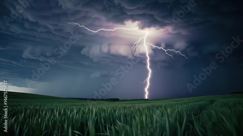 Thunderstorm with lightning bolts over fields