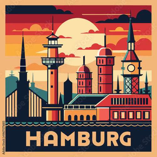 Hamburg city landmarks retro sunset poster design.