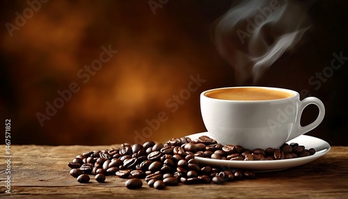 Steaming Coffee Cup with Beans on Saucer and Rustic Wooden Surface, Brownish Tones