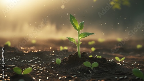 developing plant, Young plant with ground backdrop and dawn light, New life idea. Springtime sees little plants on the ground. fresh,seed, image with a modern agricultural theme.Ai
