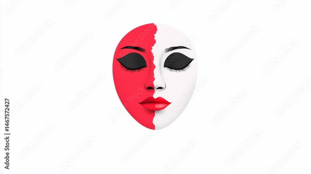 Vibrant Mask with Split Design Featuring Red and White Colors and Bold Makeup Elements Vibrant Mask with Split Design Featuring Red and White Colors and Bold Makeup Elements