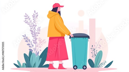 Wallpaper Mural Young Woman in Yellow Hoodie and Pink Skirt Pushing Turquoise Trash Bin in Pastel Urban Environment Torontodigital.ca