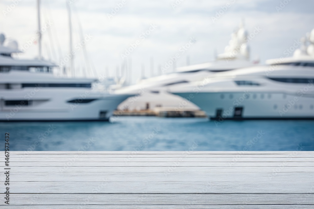 Fototapeta premium Empty wooden deck, yachts in harbor