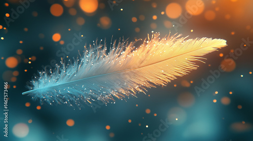 Wallpaper Mural Floating Feather in Magical Bokeh Light: A soft white feather with glowing particles floats mid-air against a dreamy orange and blue bokeh background. Torontodigital.ca