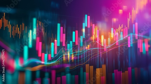 Brightly colored financial data charts with lines and columns present an abstract display of market statistics and trends.