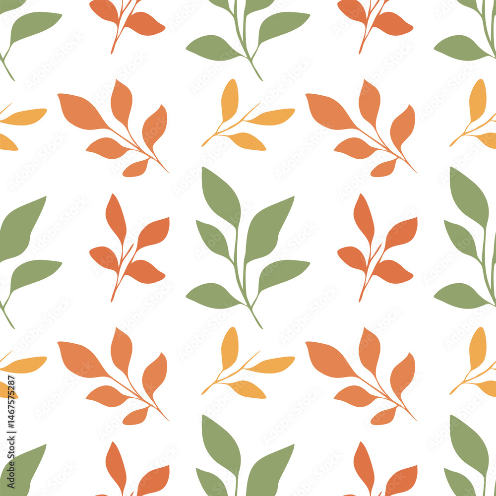 A vector seamless pattern featuring stylized leaves in various shades of green, orange, and yellow on a white background. The design is modern and suitable for textiles or wallpapers. A vector seamless pattern featuring stylized leaves in various shades of green, orange, and yellow on a white background. The design is modern and suitable for textiles or wallpapers.
