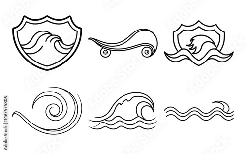 Ocean wave line art set drawing vector illustration.