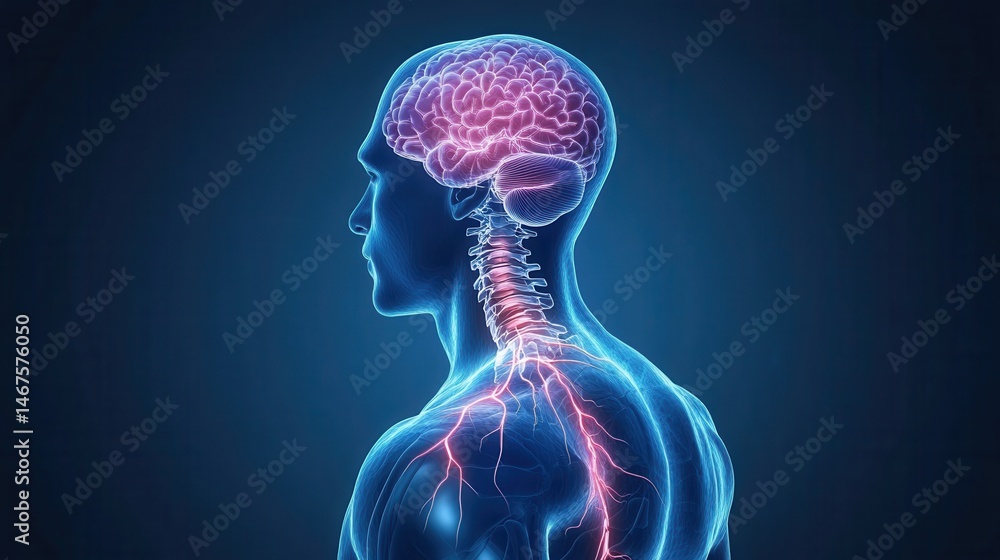 Anatomical Illustration of Human Brain and Spinal Cord with Energy Patterns Anatomical Illustration of Human Brain and Spinal Cord with Energy Patterns