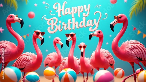 Happy Birthday, summer party, travel carnival festive celebration, funny animals card banner panorama - Group collection set of colorful flamingos with sunglasses, isolated on blue background