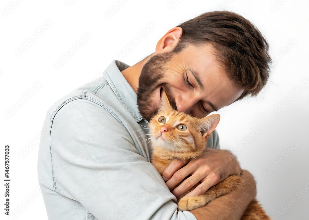 Portrait of happy man hugging and cuddling his cute baby orange cat. Domestic pets isolated on white background Portrait of happy man hugging and cuddling his cute baby orange cat. Domestic pets isolated on white background