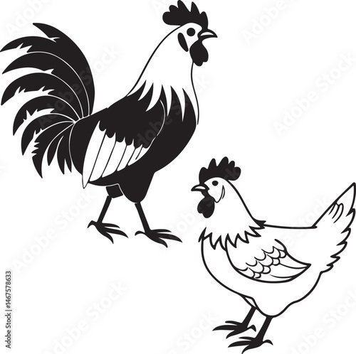 Rooster and hen silhouettes in black on a white background, illustrating their profiles in a simple vector design