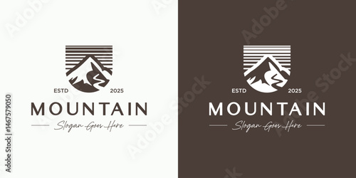 Mountain outdoor logo design vector, Symbol emblem mount peak hill for nature view landscape with minimalist aesthetic usable for tour guide , travel agency, adventure Gear, expedition and identity