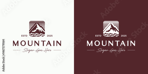 Square mountain outdoor logo design vector, Symbol emblem mount peak hill for nature view landscape with minimalist aesthetic usable for tour guide , travel, adventure Gear, expedition and identity
